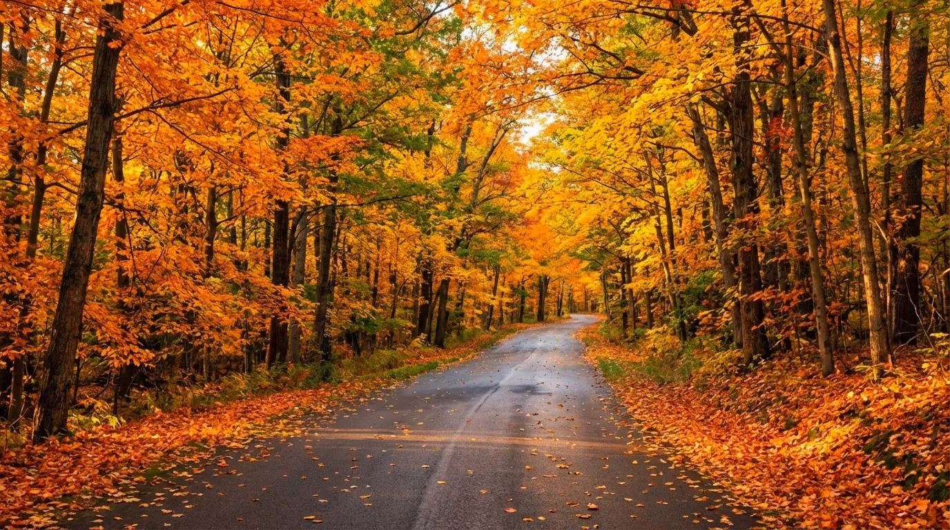 Scenic autumn road through Maine's colorful forest